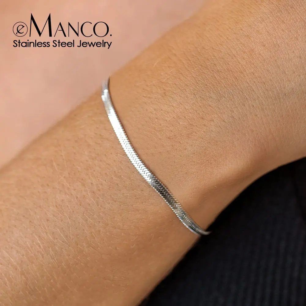 eManco Simple Boutique Jewelry Stainless Steel Flat Snake Chain Bracelet Adjustable Women\'s Accessories Wholesale No Color Fadin