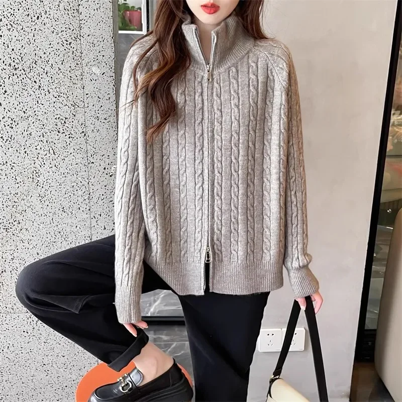 

women clothing Autumn Winter Fashion Korean zipper Solid color stand-up collar knitting Female fashionable Screw Thread Cardigan
