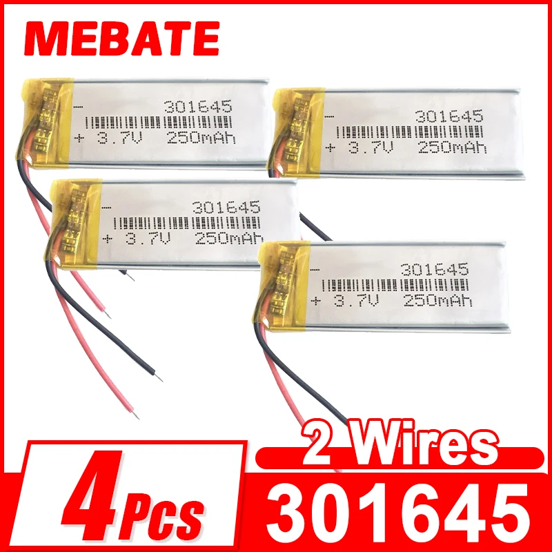 4Pcs 3.7V 250mAh Lipo Lithium Polymer Rechargeable Battery 301645 For Bluetooth Pen Smart Watch MID Headset Headphon Video Pen
