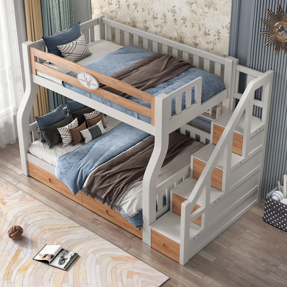 Cheap Kids Bedroom Furniture Solid Wood Cartoon Bed Children Bunk Bed for Stair Storage Study Table With Slide