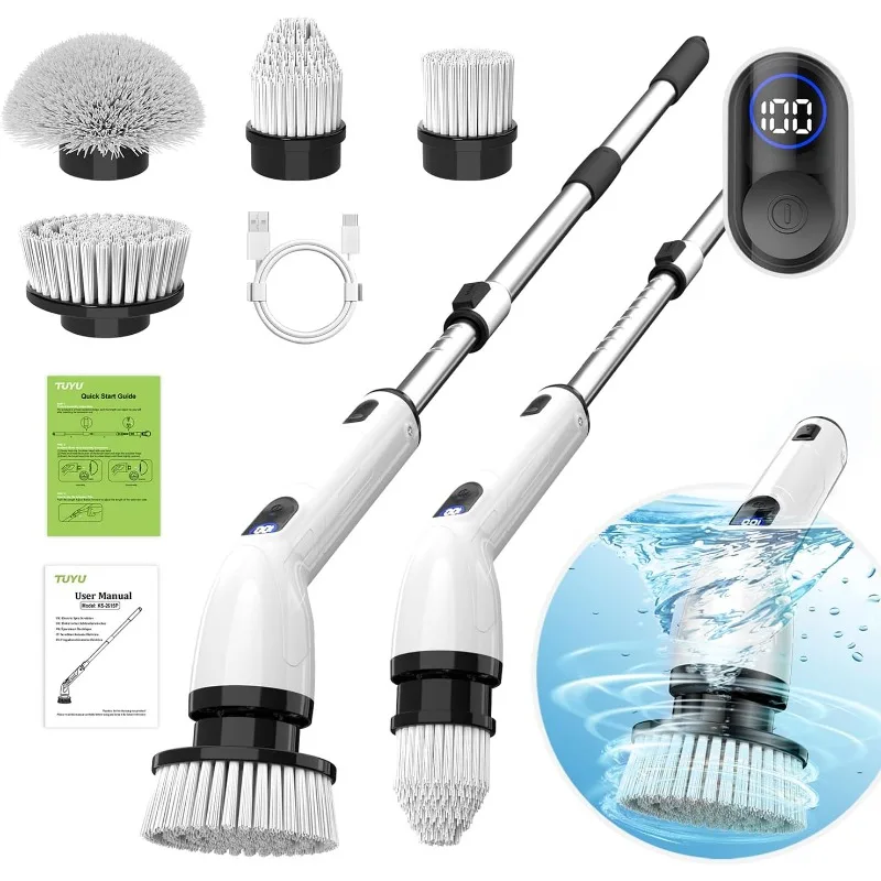 Electric Spin Scrubber, Full-Body IPX7 Waterproof Bathroom Scrubber with Power LCD Display, Adjustable Extension Handle,Cordless