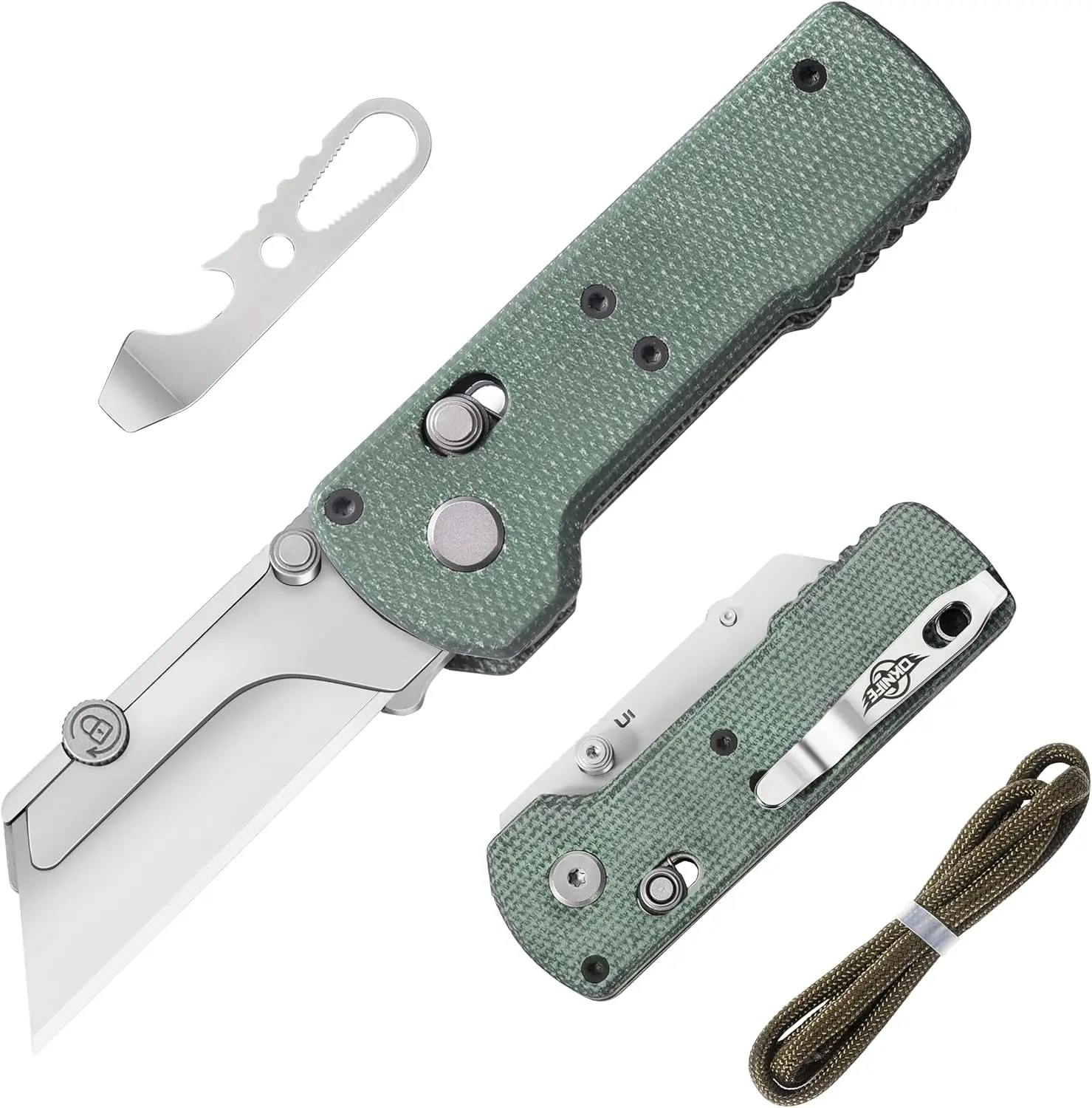 

Green Micarta Utility Knife with Quick Change Blade, Rail Lock, and Pocket Clip for Office and Factory Use