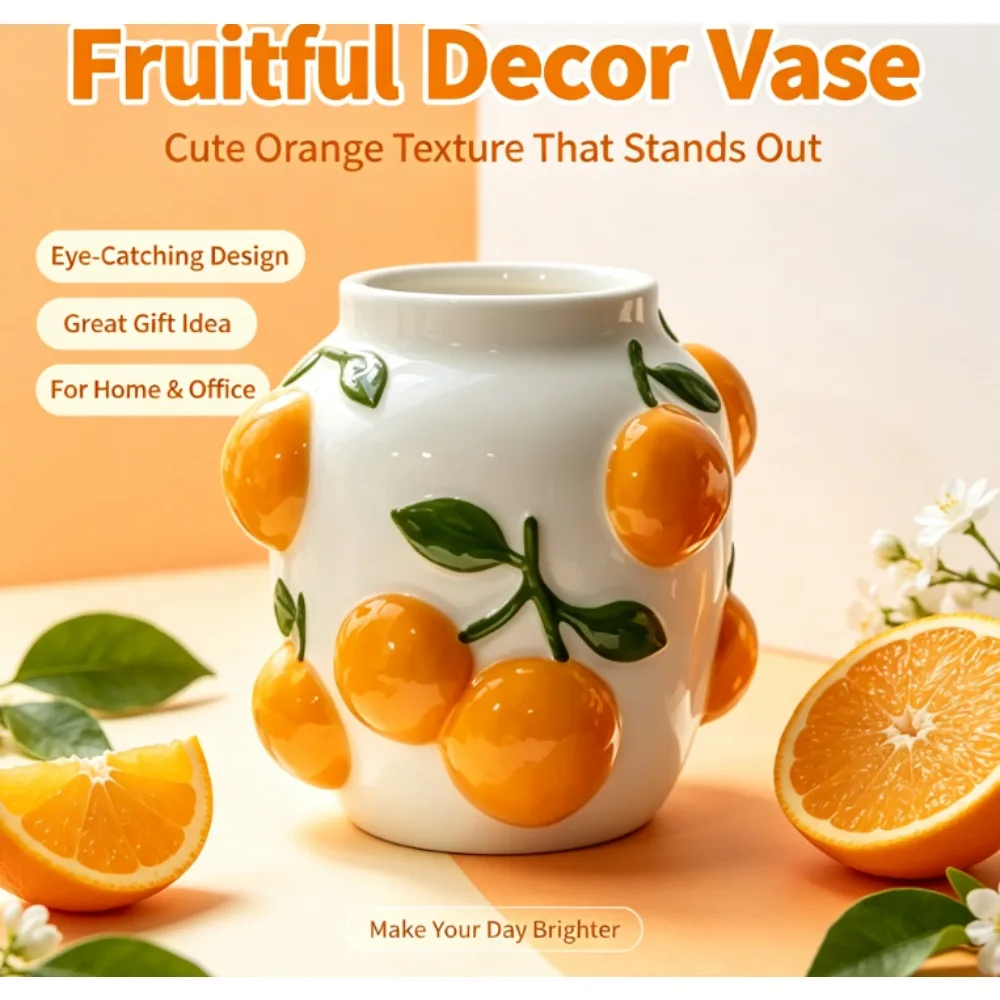 Creative Embossed Orange Ceramic Vase, Decorative Desktop Flower Vase for Fresh or Dried Flowers, Art Tabletop Home Decoration