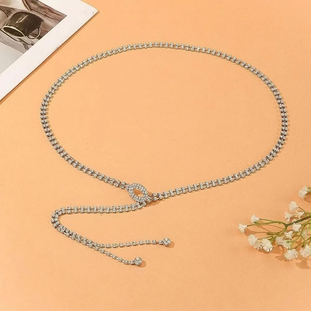 Retro Rhinestone Waist Chain Belt Glitter Silver Body Link Belts Large Size Decorative Belt Waistband for Wedding Party