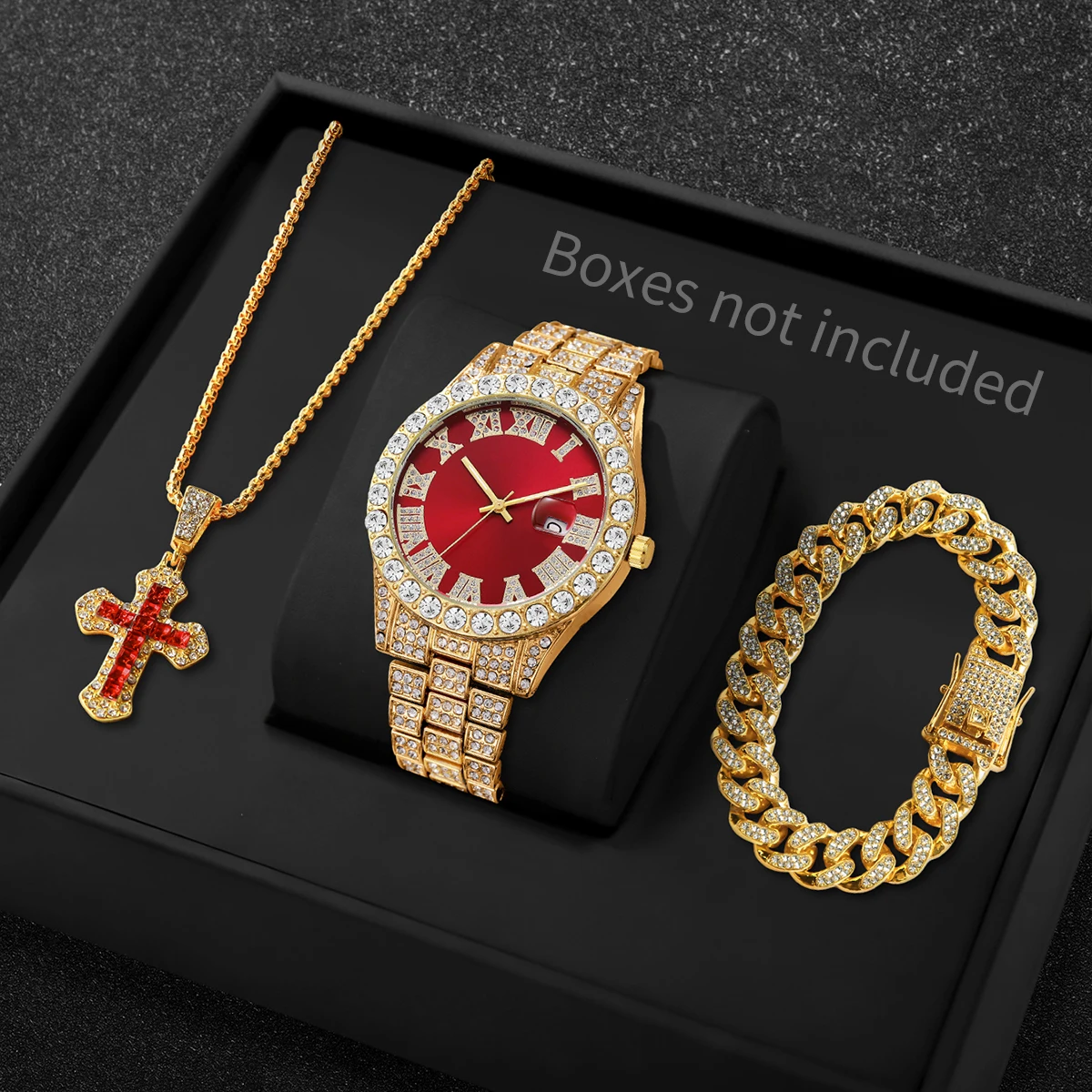 3PCS Luxury Full Diamond Men Quartz Watch Set with Necklace