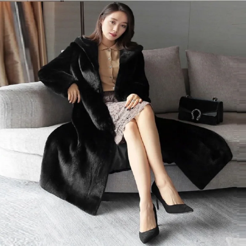 Luxury Big Size Women Clothes Hooded Long Fur Coat Mink Long Windbreaker Warm Black Faux Fur Jacket Cardigan Windproof Outerwear