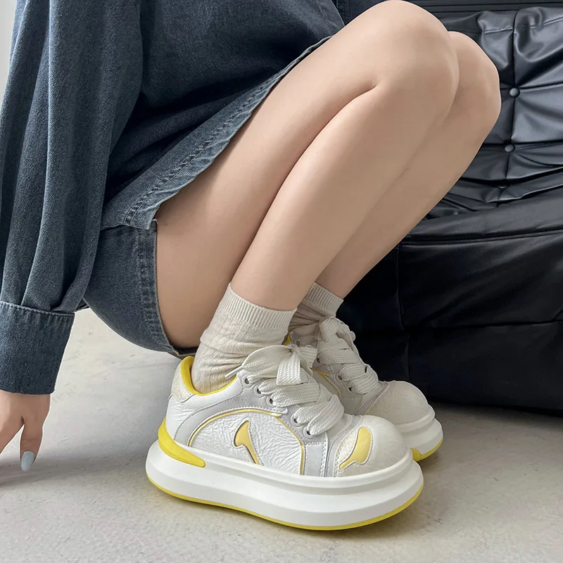 

Genuine Leather Height-Increasing White Sneakers for Women Panda Shoes Big Toe Ugly Cute Bread Shoes Sports Casual Sneakers
