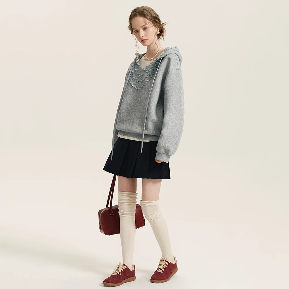 2025 novo cinza hoodie retro outono rendas splice moda topos estilo coreano y2k roupas mulher moletom feminino manga longa hoodies