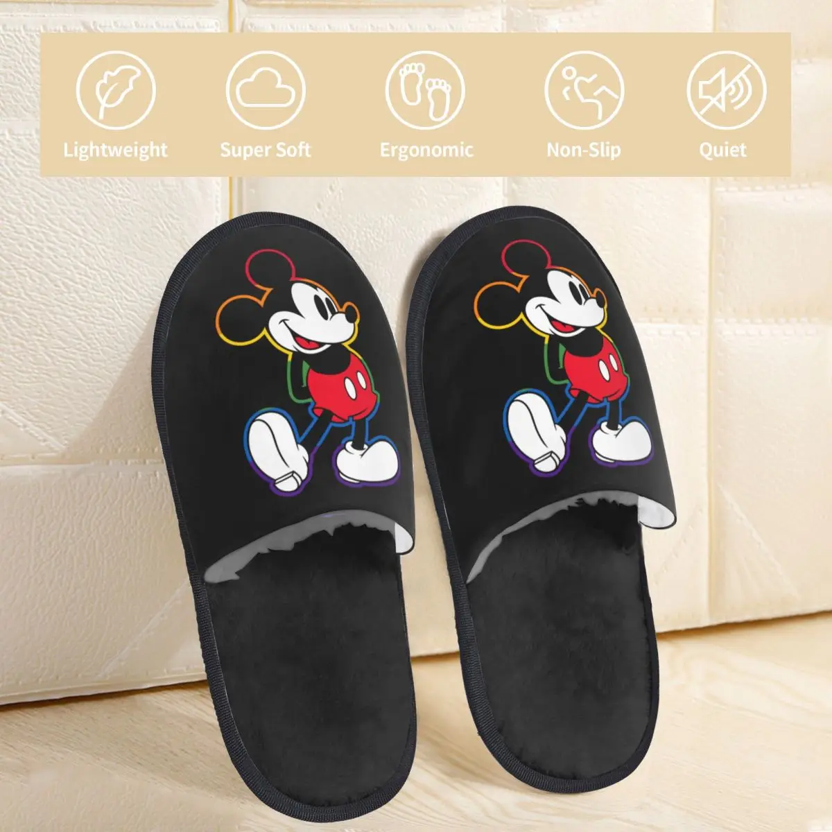 Winter Slippers Mickey Rainbow Outline Accessories Household Fur Slippers Slides Living Room Cozy Non-skid Slides