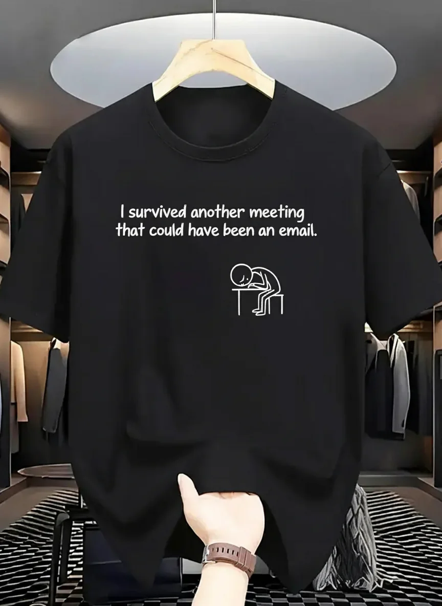 

Black Funny 'I Survived Another Meeting' Graphic Tee Casual Printed T-Shirt for Work Unisex Round Neck Top Comfortable Soft