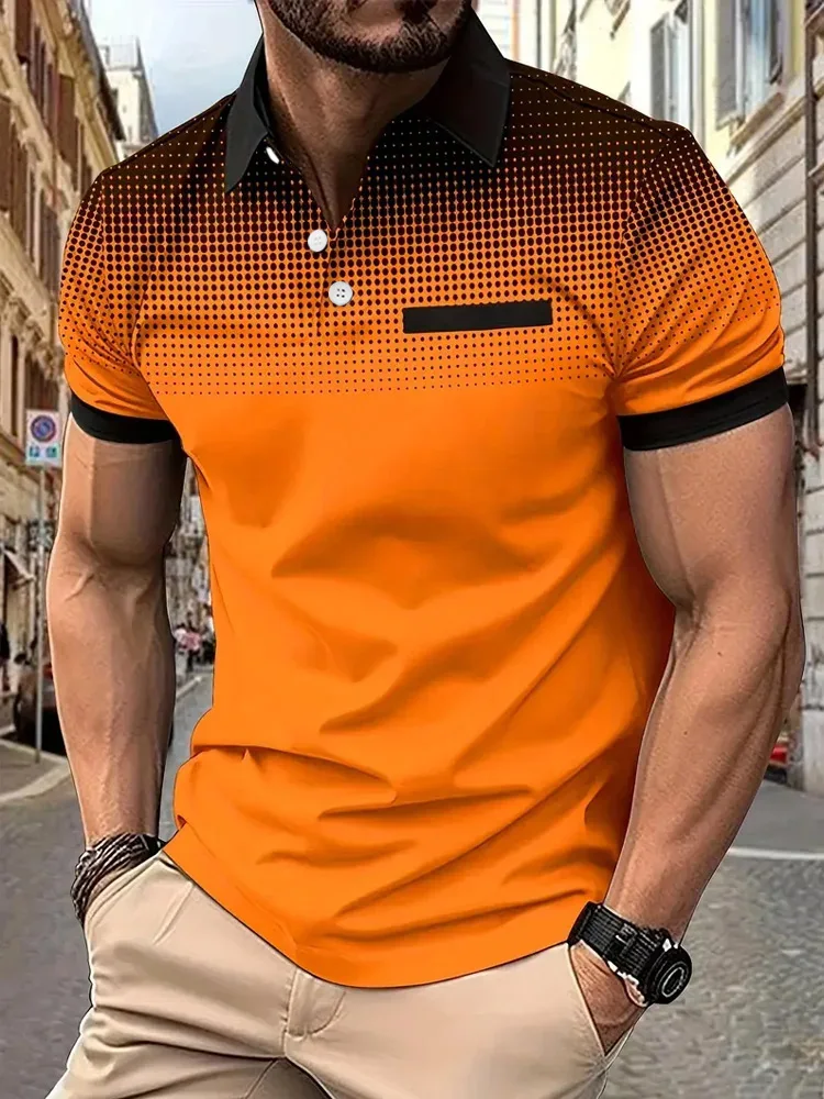 Men's Casual Gradient Color Lapel 1/4 Button Short Sleeve Polo Shirt For Men's Fitness Training EUROPEAN Measurement