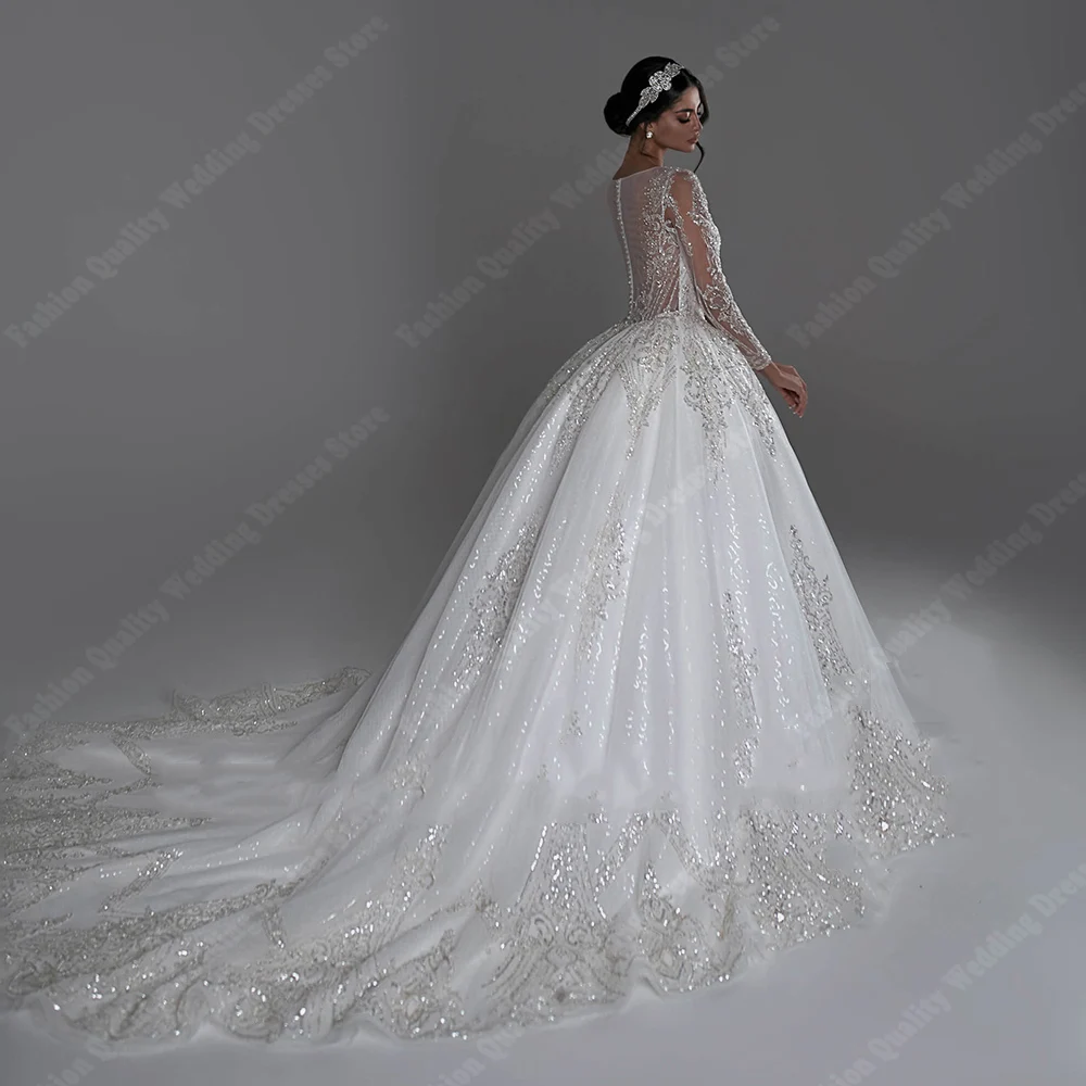 Elegant A-Line Tulle Women Wedding Dresses Princess Sparkling Hem Bridal Gowns Formal Party Long Sleeves Vestidos De Noches 2024