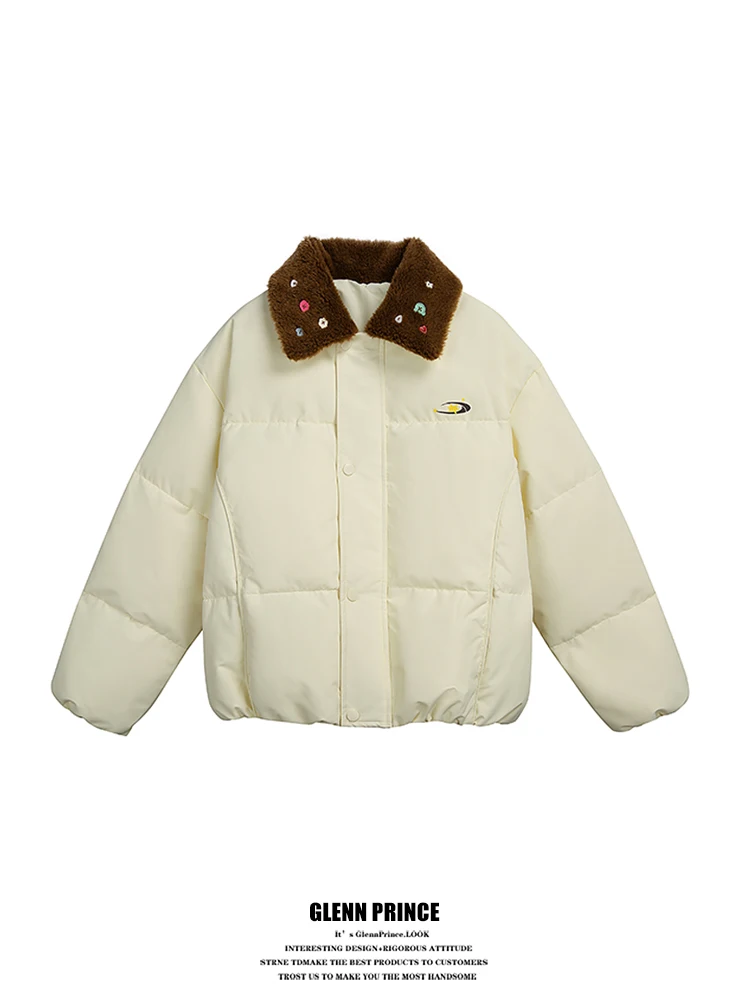 

GPstudio American Retro Embroidered Lamb Fur Collar Cotton Jaet Loose Thi Warm Couple Cotton Coat Youth Faion Winter Ou...