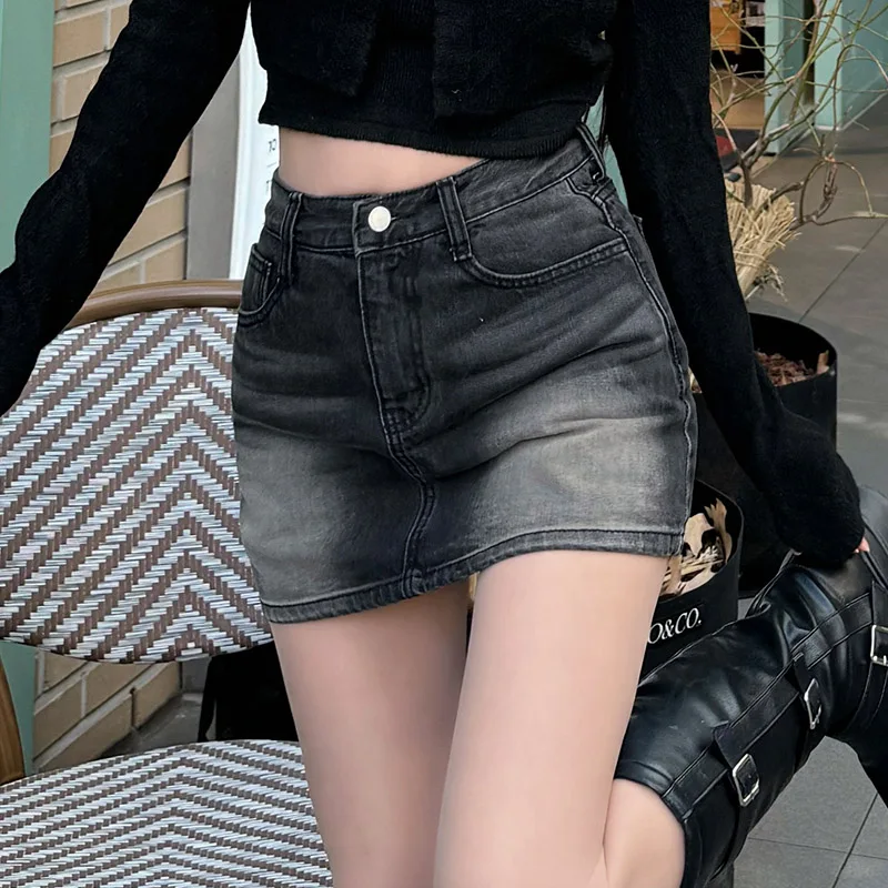 High Waist A-Line Denim Skirt Bodycon Lengthening Legs Washed Natural Plump Hip Vintage Black Grey Basic Skirt for Women
