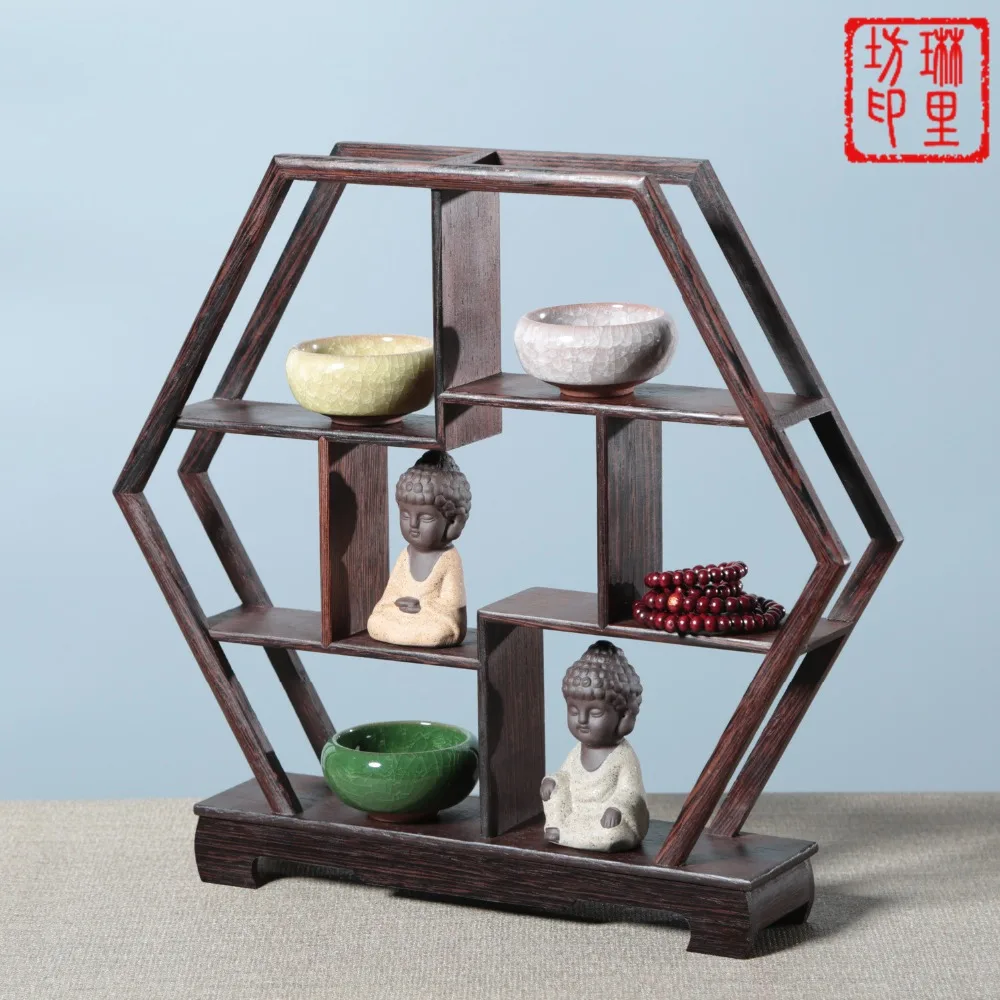 Delicate Solid Wooden Antique Display Frame Multi Patterns Shelf Chinese Style Storage Purple Clay Pot Tea Ornaments Home Decor