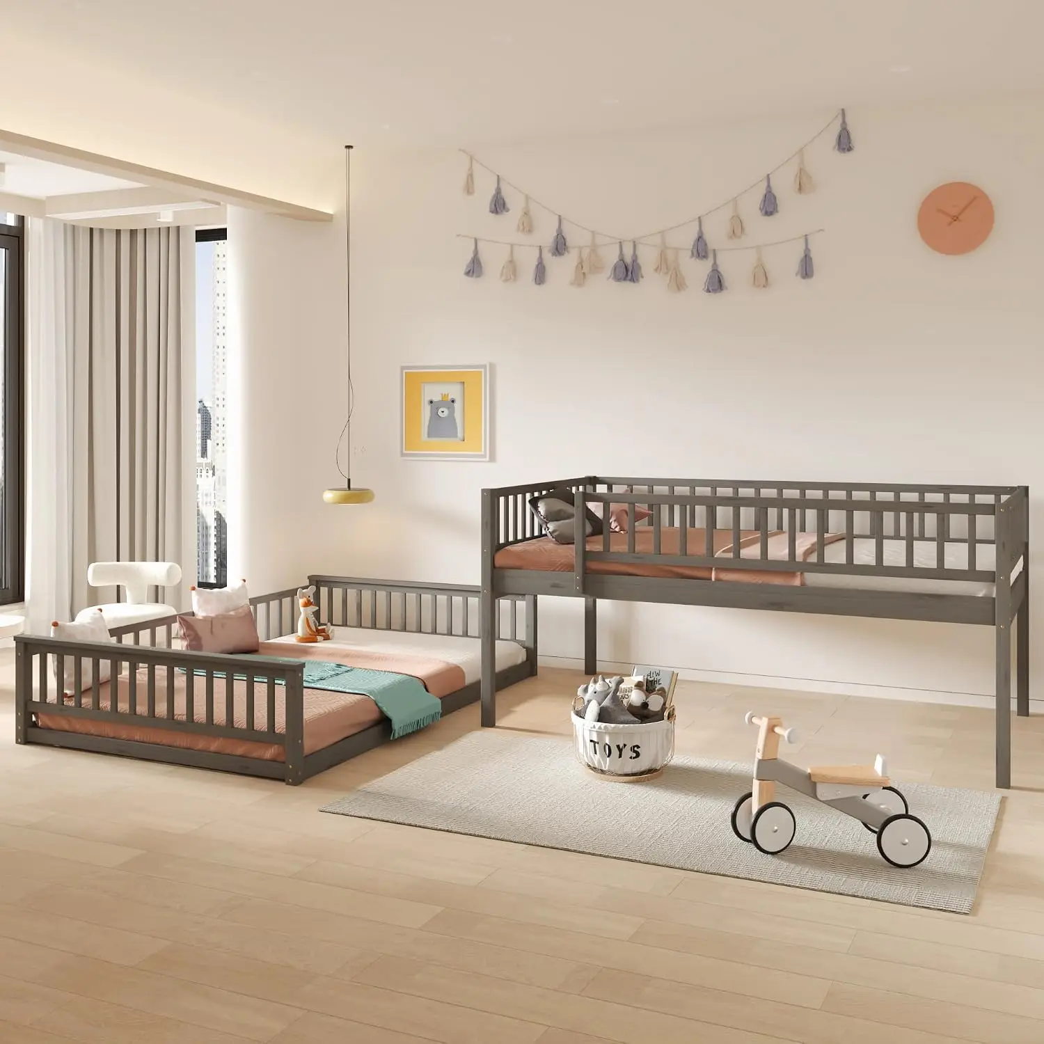 Full XL Over Queen Floor Bunk Bed Frame W/Ladder & Guardrails, Gray, Customized