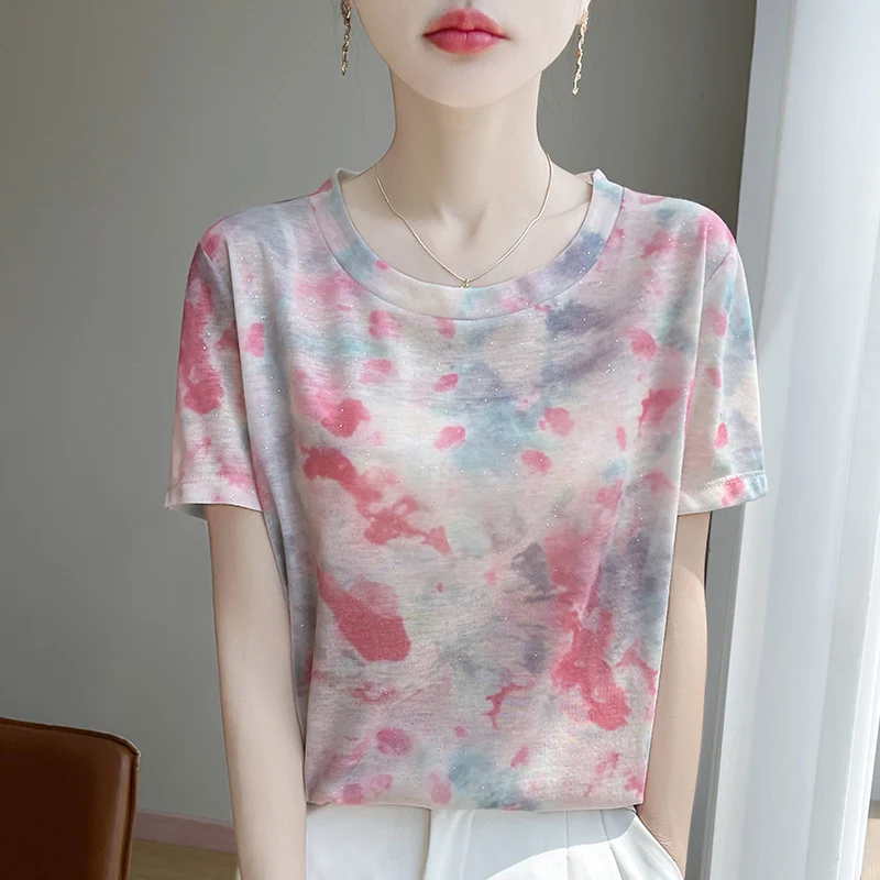 Spring And Summer New Round Neck Knitted Short Sleeve T-shirt Women\'s Printed Loose Bottoming Top