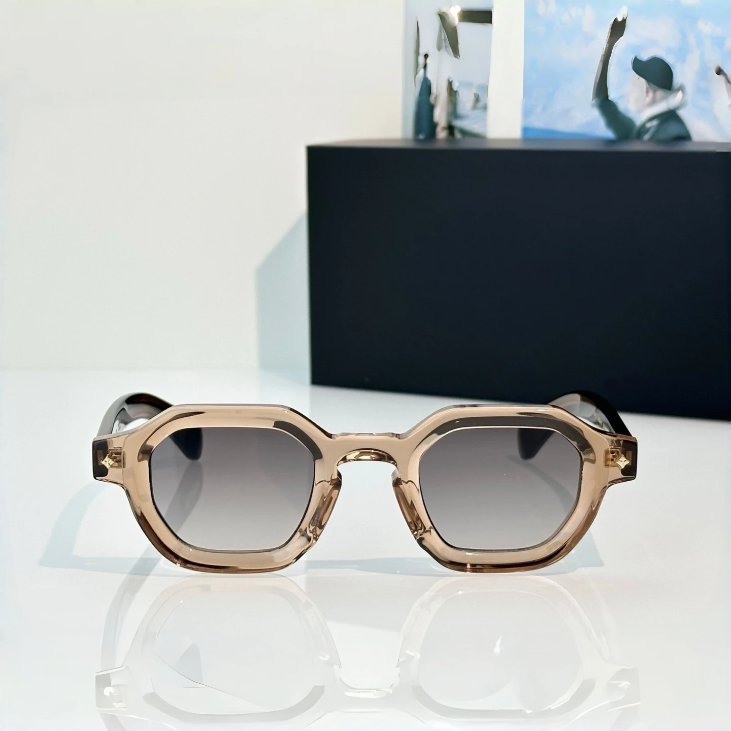 ALMACH Sunglasses Man Woman,Transparent Brown Polygon Frame,Gradient Grey Lens,Face-Flattering Retro Vibe,UV400,Trendy Shades