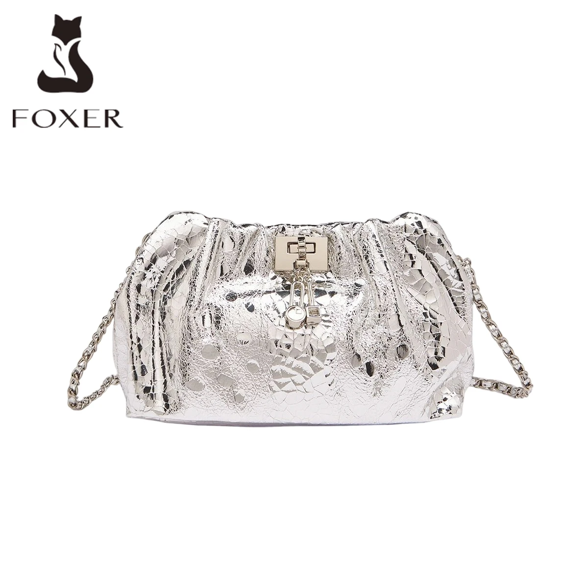 FOXER Genuine Cowhide Leather Women's Silver Evening Crossbody Bag Adjustable Metal Chain Strap Chic Pleated Hobo Shoulder Bag