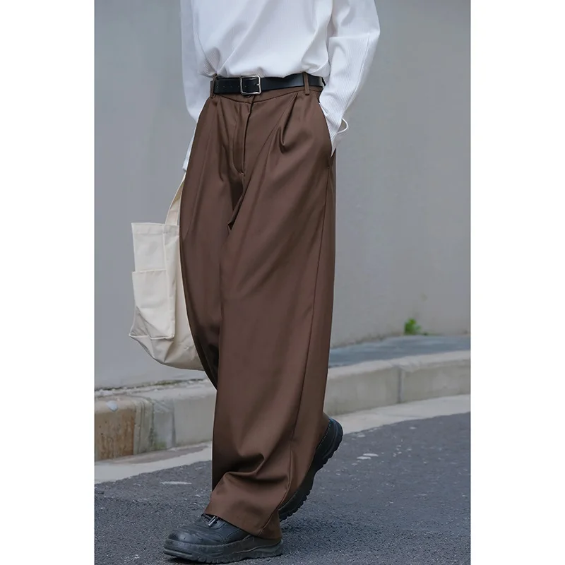 

Свободные прямые повседневные брюки унисекс для мужчин и женщин, весна-осень, винтажные, в японском стиле, кофейного цвета, с драпировкой, широкие штанины