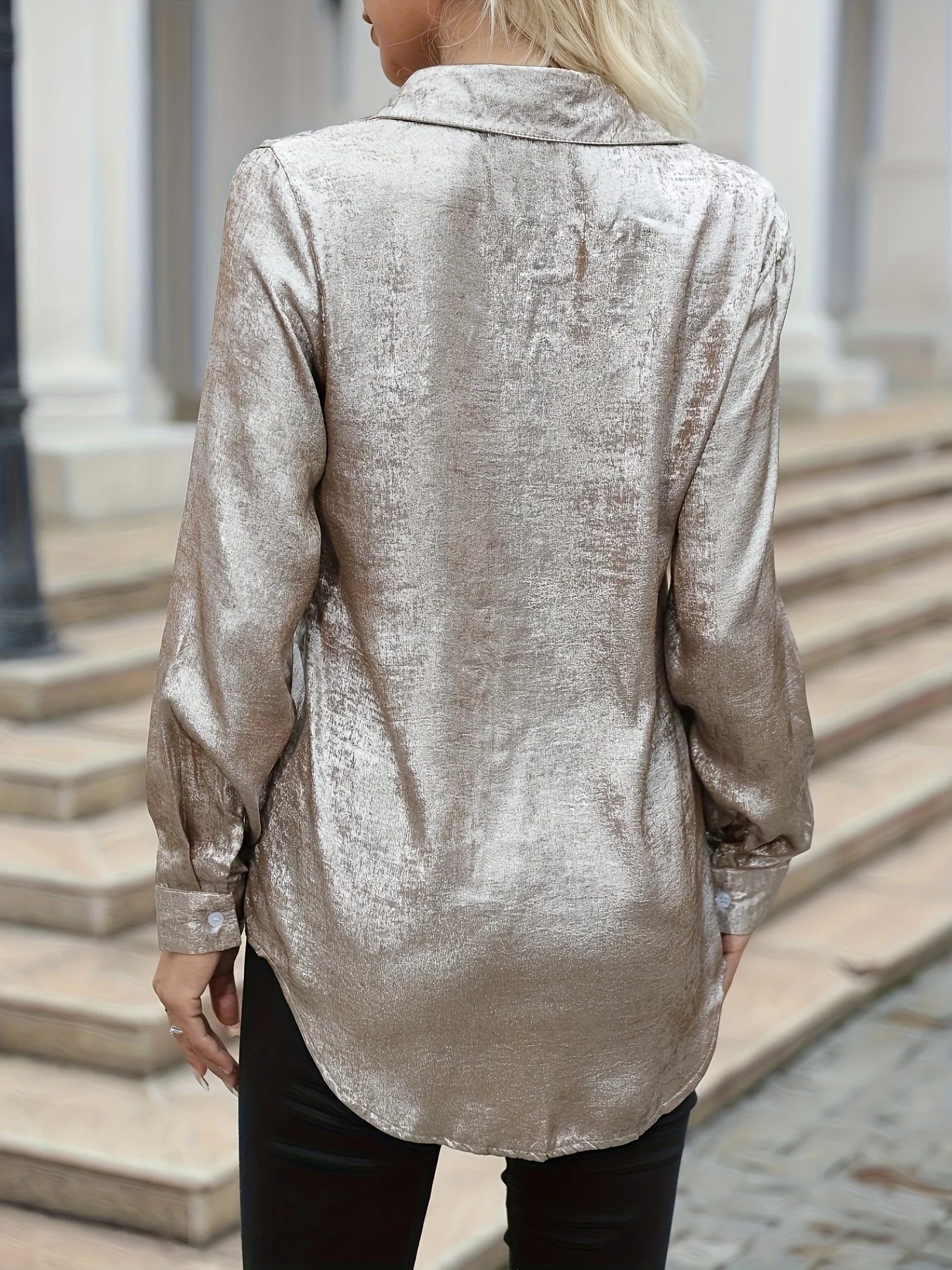 Women's Spring and Autumn Solid Color Long-Sleeved Metallic-Finish Elegant Shirt for New Year, Vacation, and Party Wear