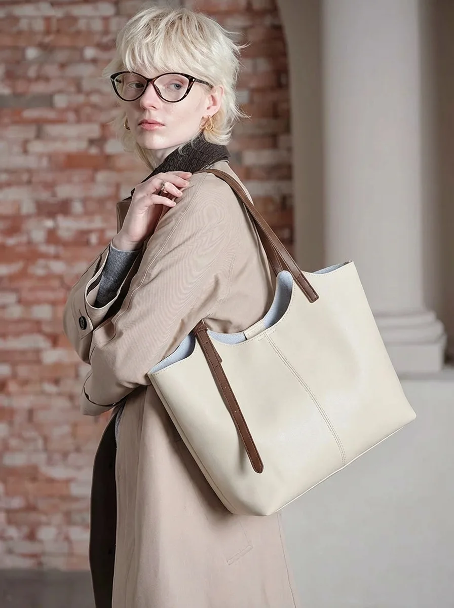 Genuine Leather Women Bag Fashion Senior Sense Tote Bag Versatile Simple Large Capacity Cowhide Tote Bag Commuter Shoulder Bag