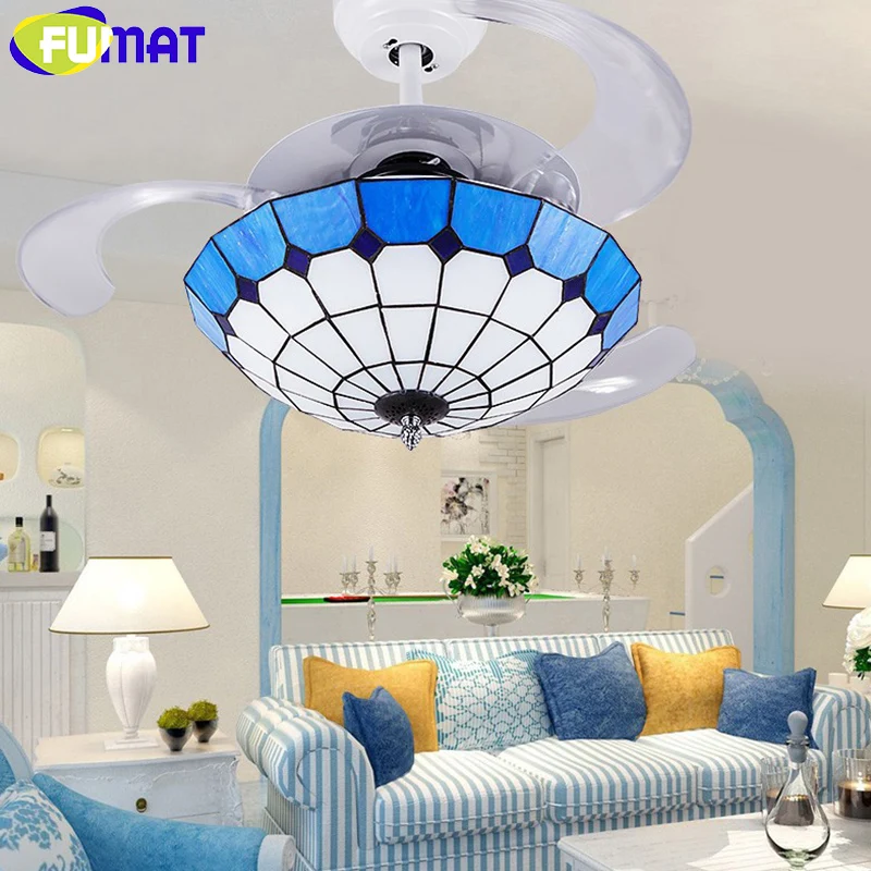 

FUMAT Ceiling Fans Mediterranean Style 42 Inch LED 32W Tiffany Light With Remote Control Living Room Decoration Fan Light