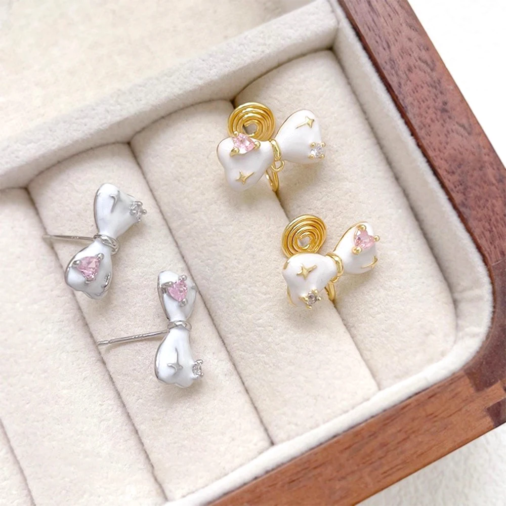 2 Pairs Gold-plated Brass Zircon Inlaid Cute Bow Mosquito Coil Ear Clip DIY Jewelry Making Semi-finished Product Accessories