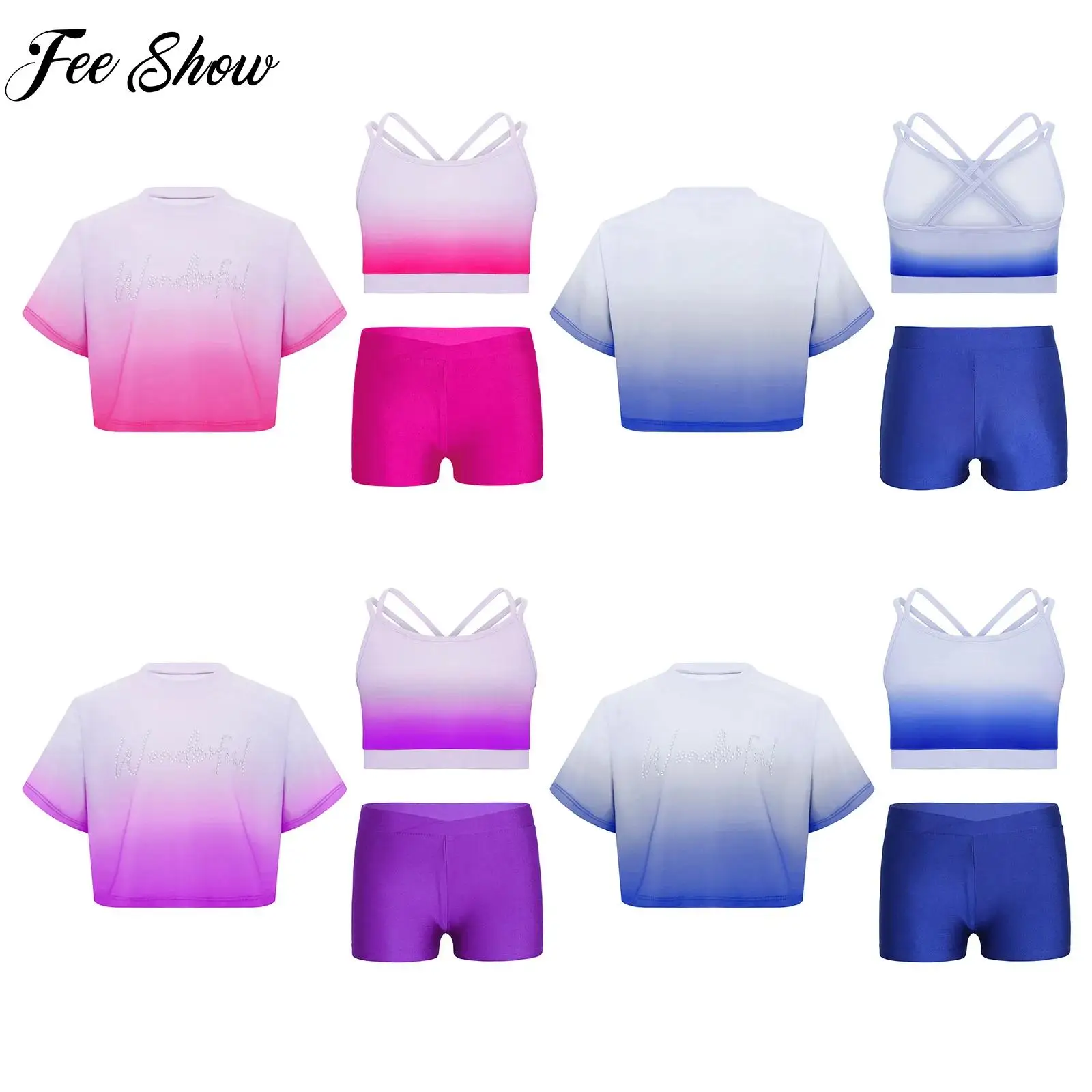 

Girls Gradient Color Yoga Gym Costume Rhinestones T-shirt+Vest+V-Front Shorts Sportswear Set for Gymnastics Dance Skating Stage