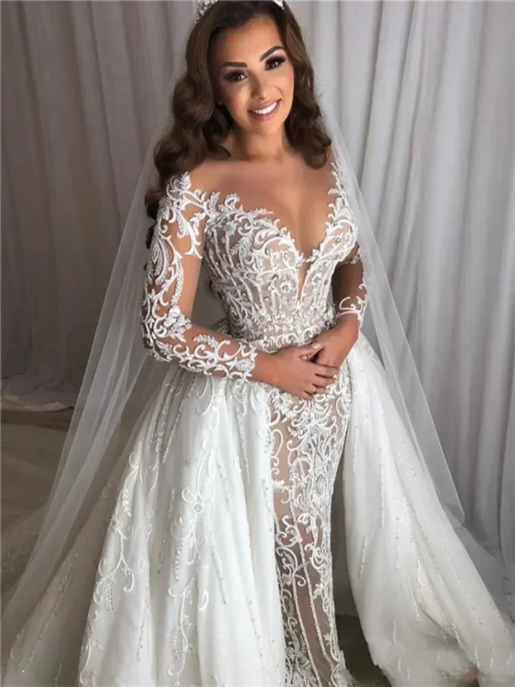 Customized  Mermaid African Embroidery Beading Wedding Dresses With Detachable Train Long Sleeves Robe De Mariée Bridal Gown
