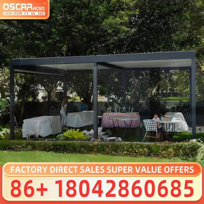 Outdoor Patio Garden Deck Backyard Use Motorized Aluminum Pergola Custom Size Eco Friendly LED Lighting Sun Shade Shelter Gazebo