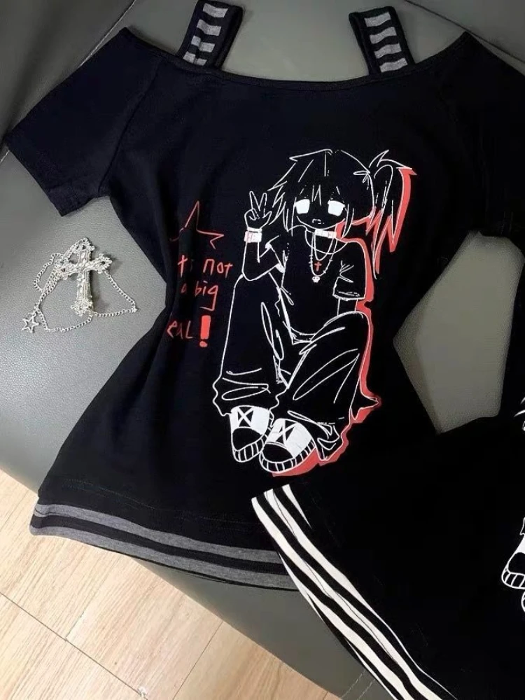 هوتشو Y2k الأسود Juminocore تي شيرت المرأة Kawaii مخطط قصيرة الأكمام قبالة الكتف تيز اليابانية موضة سليم الحلو جيارو