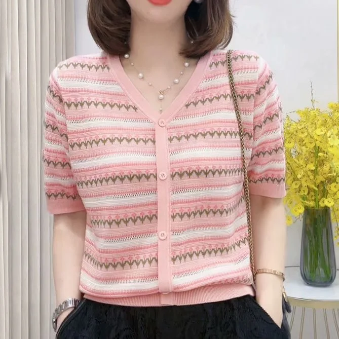 

Dopamine Anti-Aging Short Sleeve Knitted Sweater Women's Summer New Stripe Pink Floral Top plus Size Korean Style Loose Fit