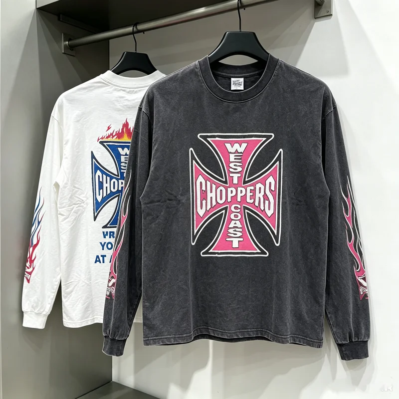 Cross Graphic West Coast Choppers Sleeve Flame Print T Shirt Men Women Vintage Loose Long Sleeve Round Neck T-shirt Tops Tee
