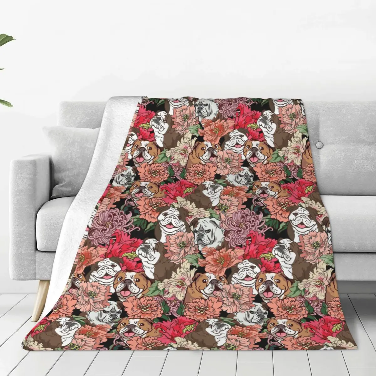 Because English Bulldog Floral Blossom Blankets Flannel Spring Autumn Cozy Super Soft Throw Blankets for Sofa Office Quilt