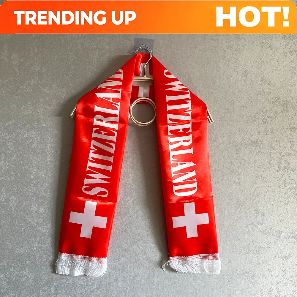 Customize 2026 Switzerland Scarf 14x135cm Double-sided Printed Satin Switzerland Flag Swiss Scarf Tassels Suitable for Football