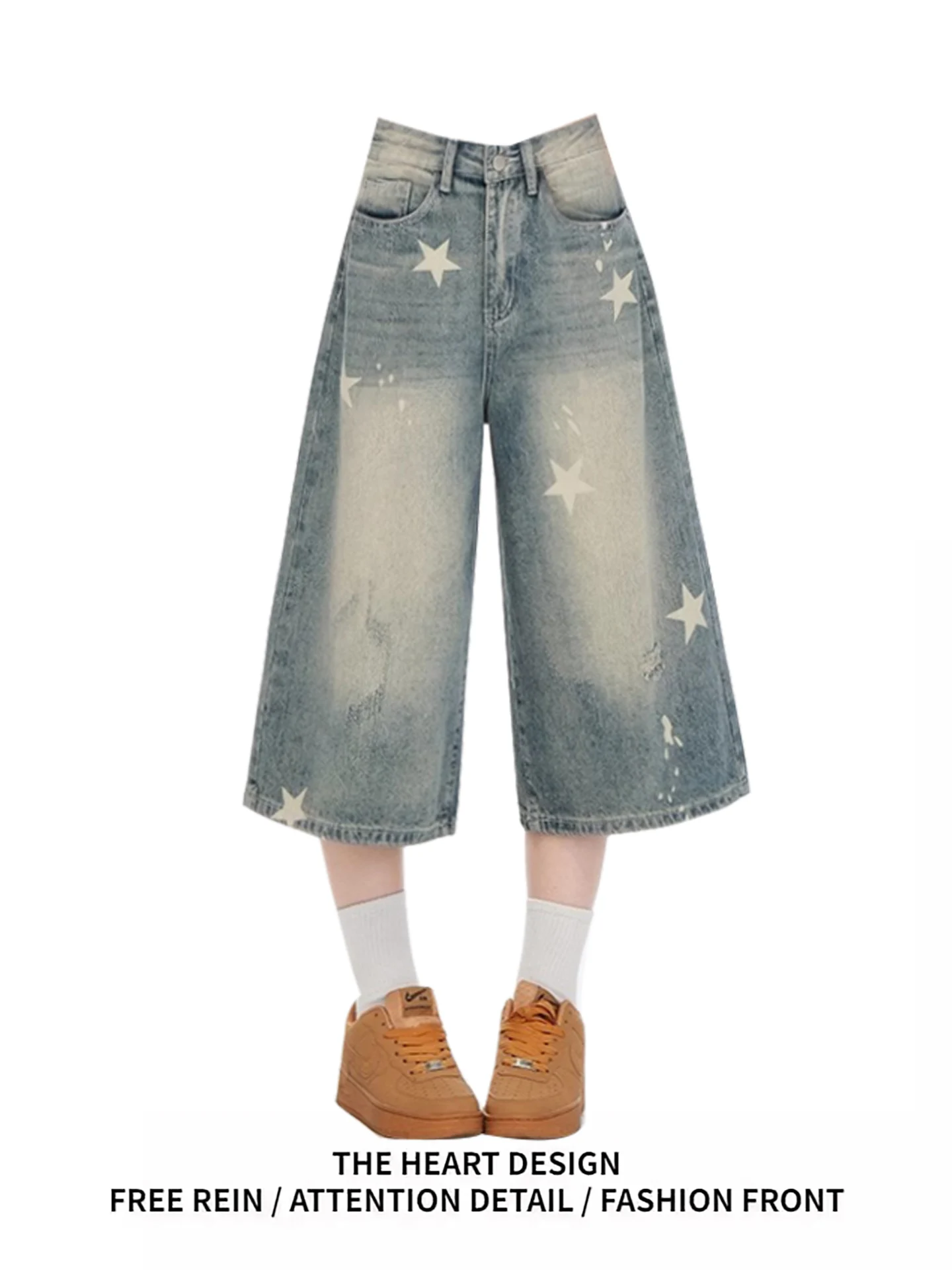 

Retro Star Print Denim orts Women's Summer Thin Loose Wide Leg Casual Seven-Foot Straight Tube Mid-Pants Blue High Waist