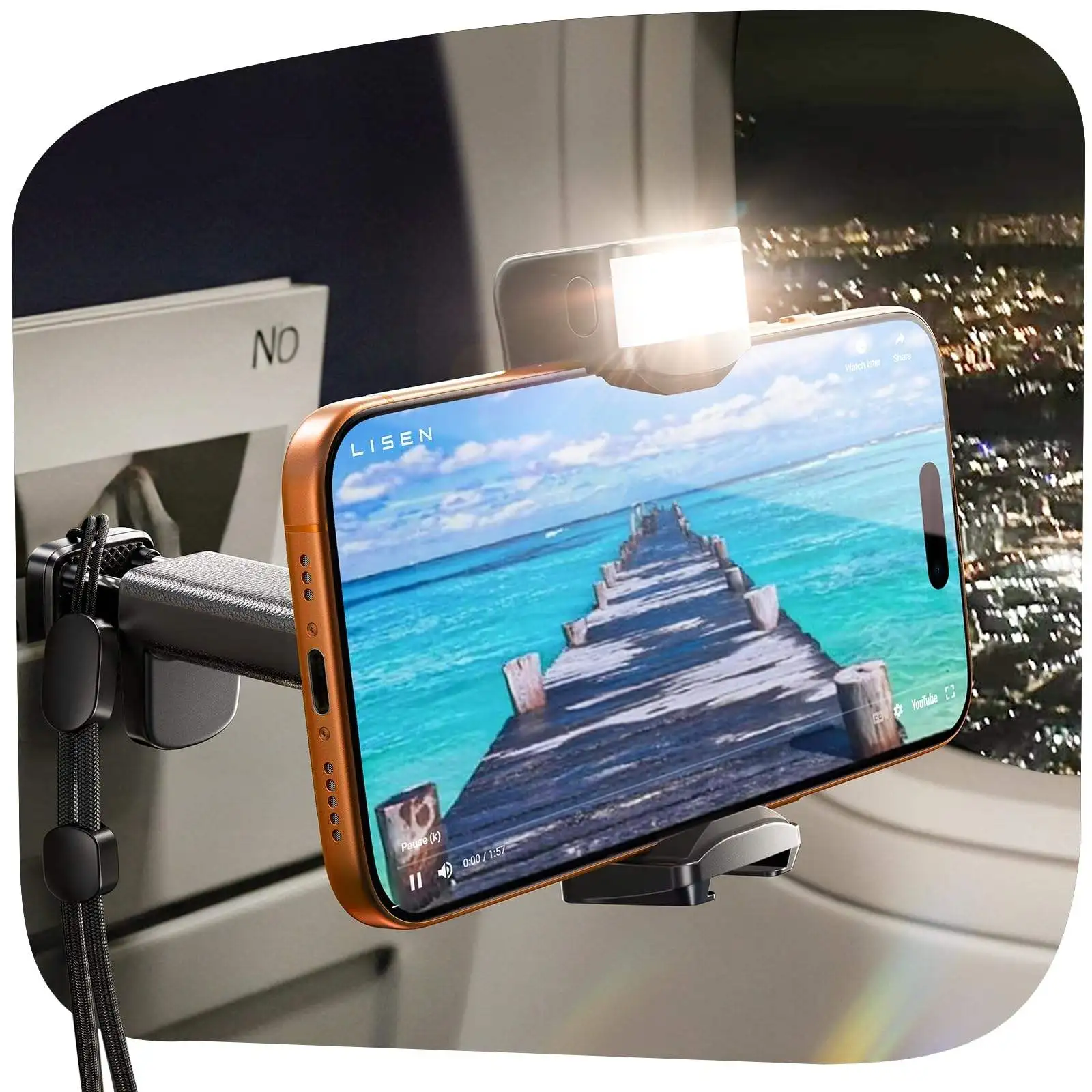 

LISEN Airplane Travel Essentials Phone Mount with Light Handsfree Phone Holder for Plane Seat Back Tray Table Flight Gadgets
