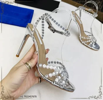 Rhinestone Stiletto Heel Sandals Clear PVC High Heels Crystal Ball Open Toes Women's Luxury Designer Fashion Style Heeled Shoes 105mm no Box