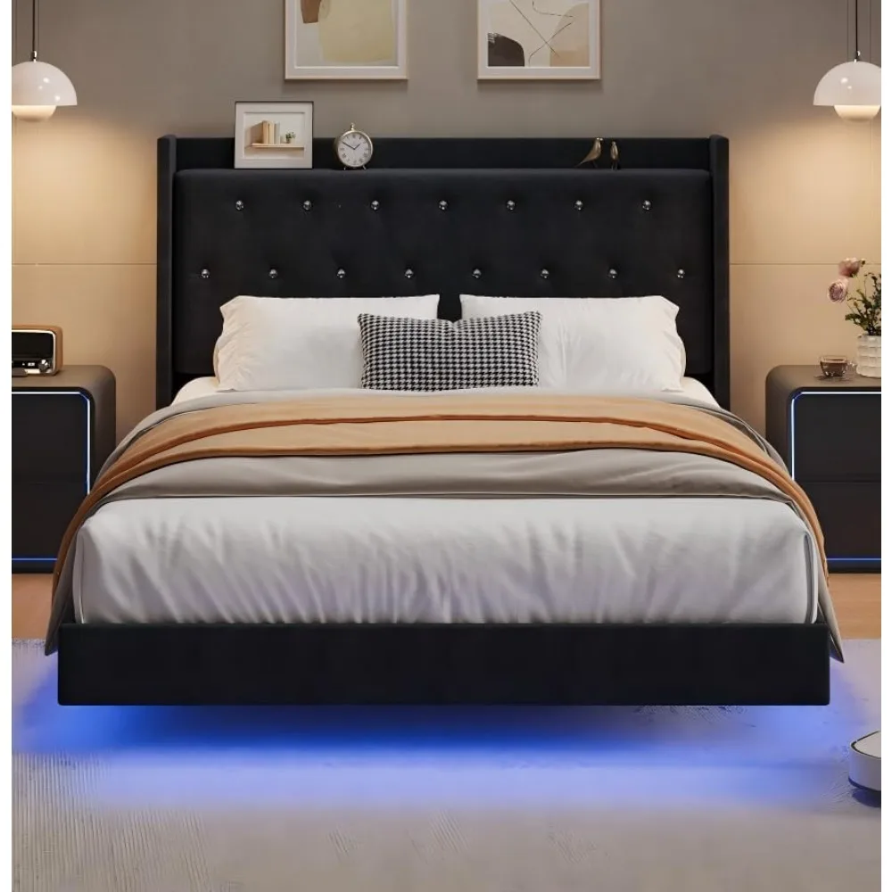 إطار سرير GarveeHome بحجم كوين مع لوح أمامي وأضواء LED، إطار سرير عائم أسود مع دعم شرائح خشبية، منجد بالكامل