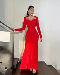 AsaNagi Elegant Red Prom Gown Women Square Neck Button Party Evening Dress Floor Length customized Saudi Formal Occasion Dresses