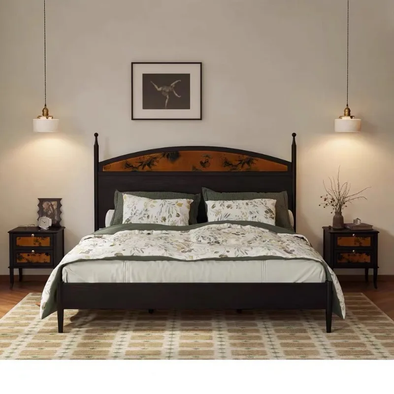 French retro solid wood bed New Chinese medieval black ash wood double bed Creative designer bedroom