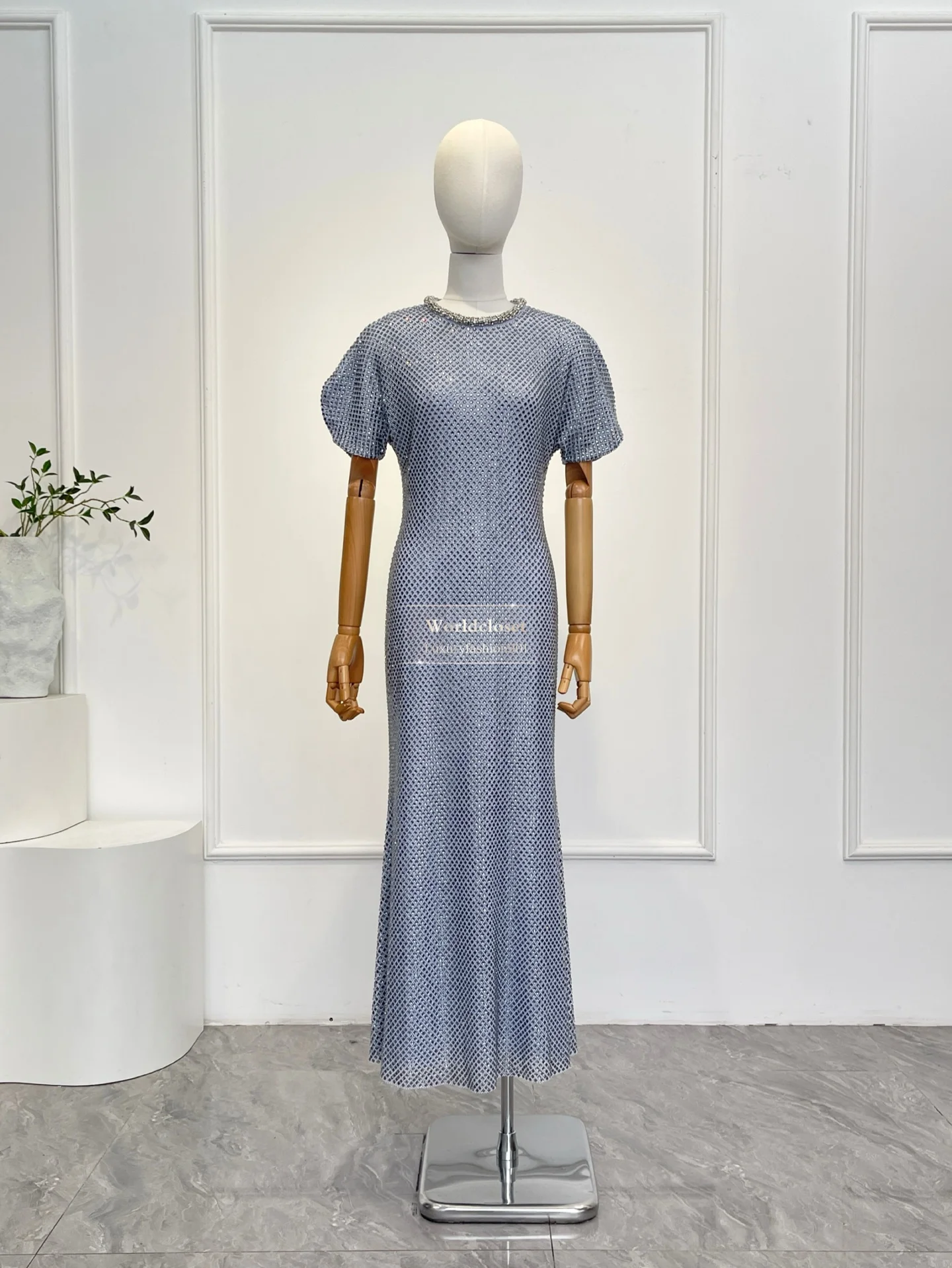 

Chic Blue Full Rhinestone Embellished Neck Flutter Sleeve Bodycon Fishnet Midi Dress Formal Gown