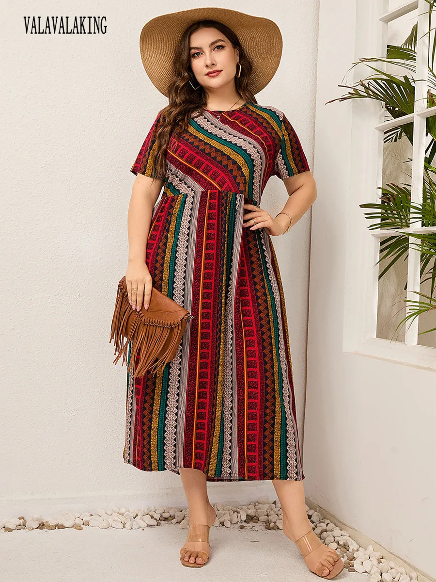 2025 Casual O-Neck Striped Plus Size Dress Women Patchwork Short Sleeve Large Midi Dress Ladies Chubby Curvy Pleated Long Dress