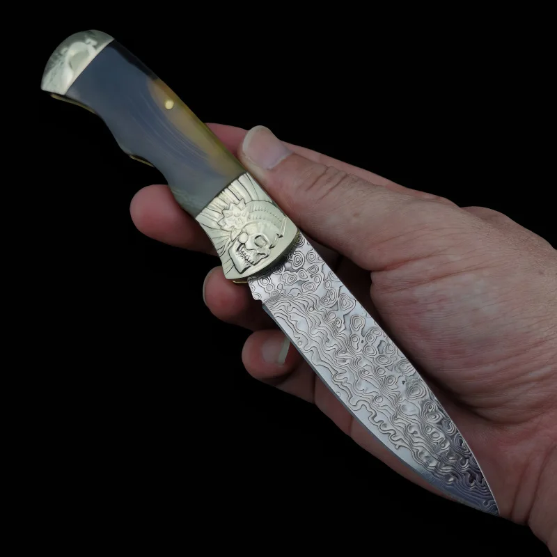 

Free shipping Damascus steel blade folding knife cow bone handle High hardness Outdoor camping EDC tool High-end gift knife