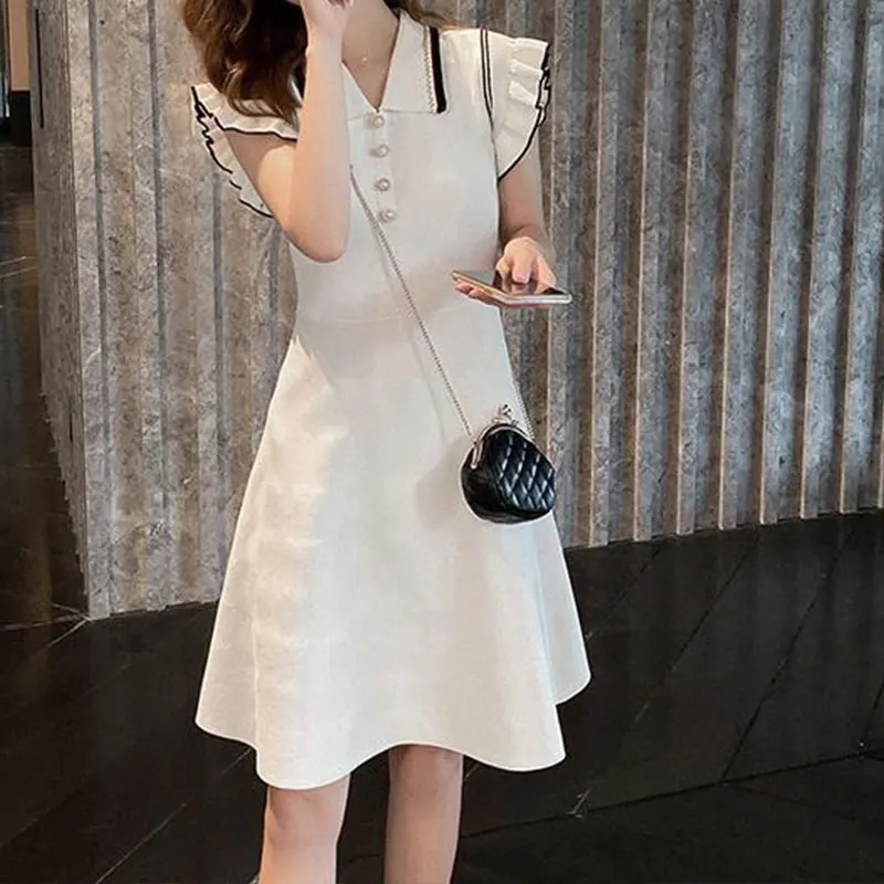 

Elegant Fashion Harajuku Slim Fit Women's Clothing Loose Casual All Match A-line Skirt Button Ice Shreds Short Sleeve Dresses