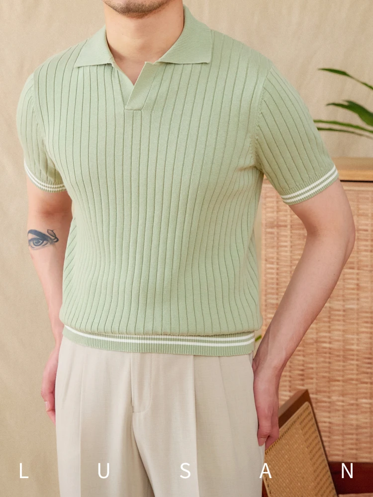 High-End Short-Sleeved Shirt Hanma Cotton Breathable Sunken Stripe Gentry All-Matching Lapel T-shirt Trendy Men