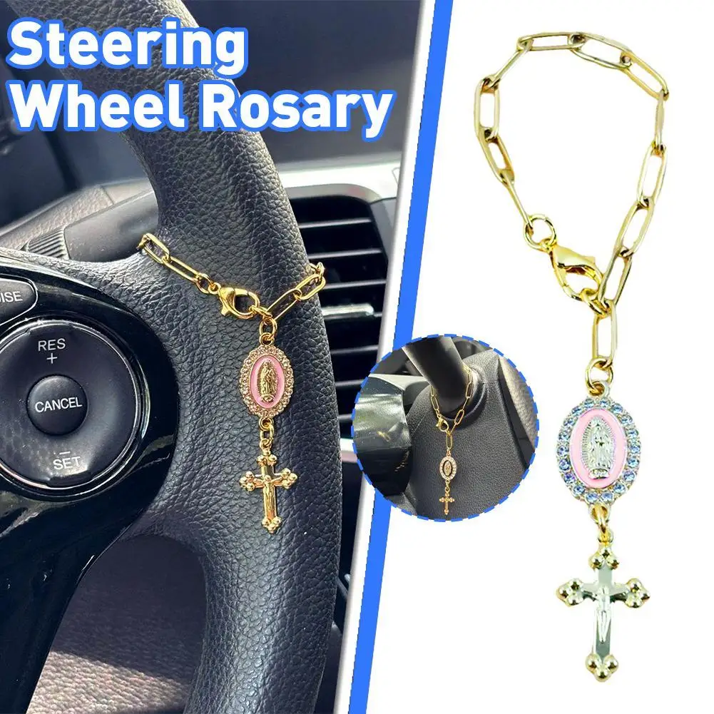

Fashion Pink Steering Wheel Rosary Jewelry Symbolize Peace Safety Beautiful Hanging Pendant Car Interior Decor Accessories