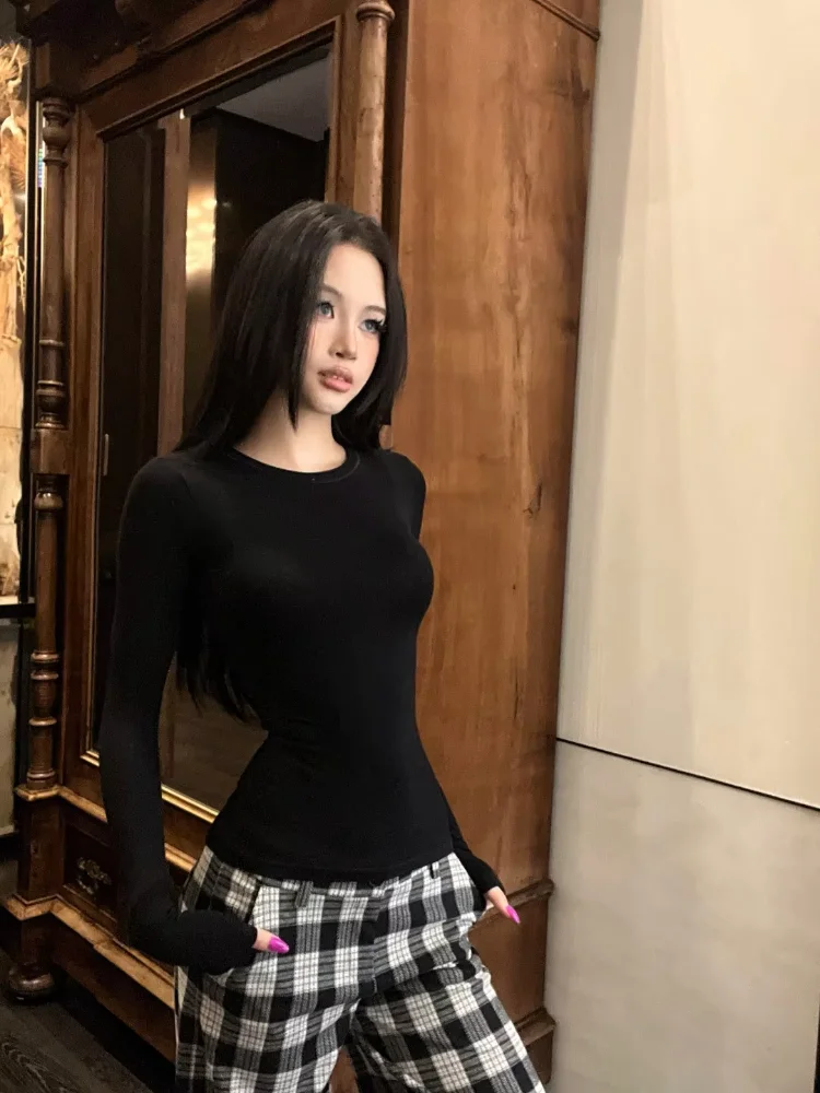 Simple Office Lady O Neck Long Sleeve T-shirt Slim Undershirt Small Fellow Top Female Trendy Ins Y2k Goth Casual Camiseta