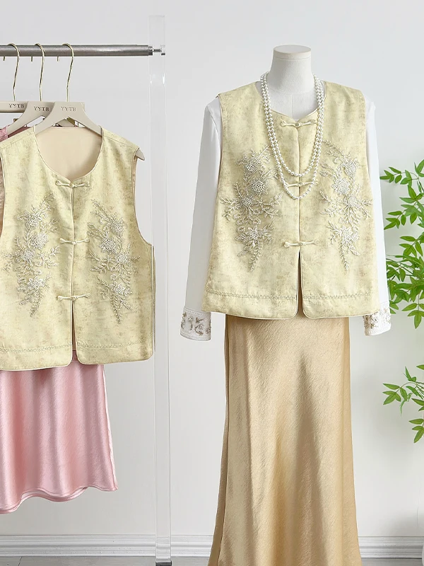 Young Style New Chinese Embroidered Bead Vest Acetate Satin Inner Wear Base Shirt Women Spring Autumn Halter Skirt Three Piec...